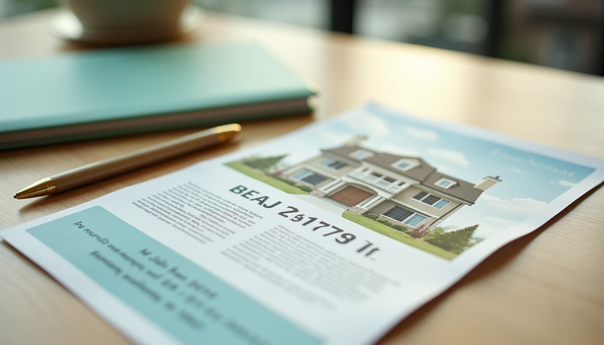 Real estate listing flyer with a two-story house, on a desk with a pen and notebooks