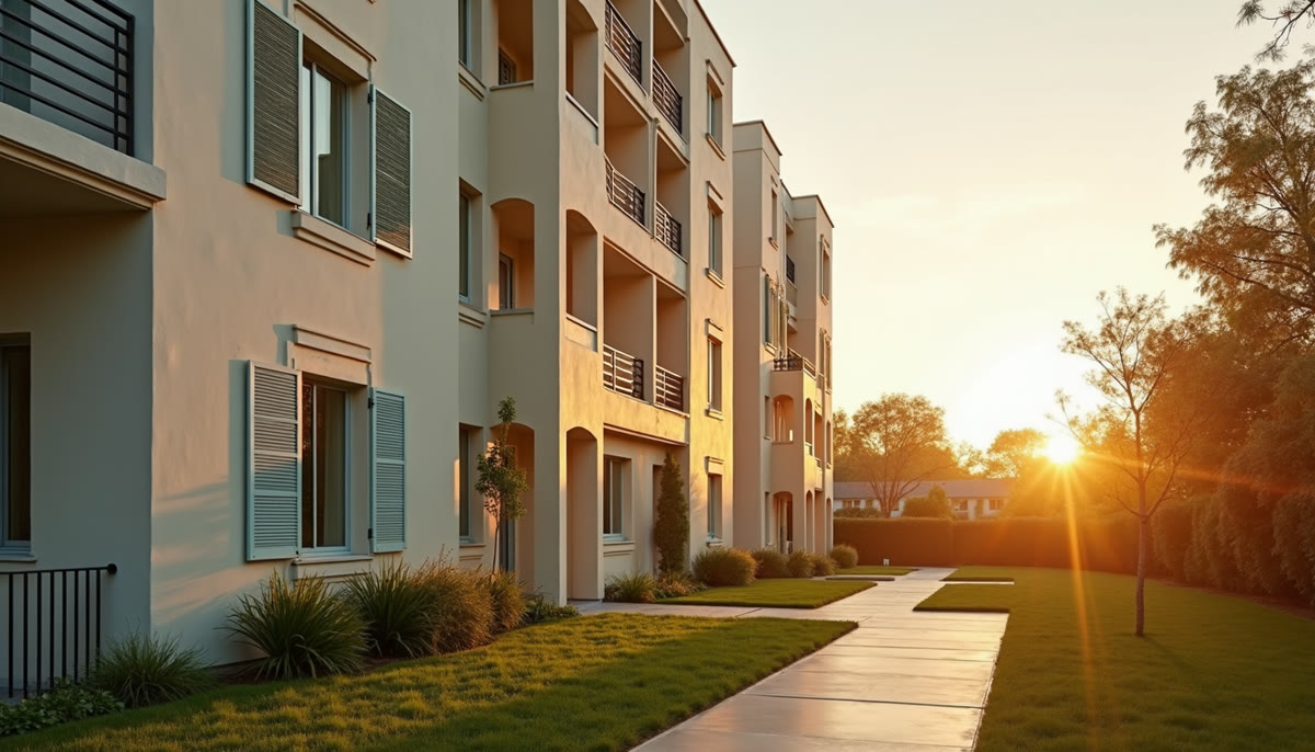 Low-rise multifamily apartment buildings with balconies at sunset