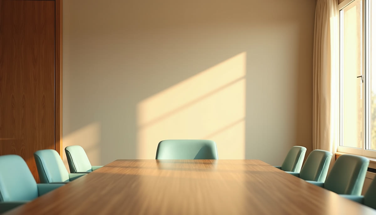 Sunlit meeting room with a long wooden table and green chairs